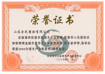 省級生產(chǎn)力促進(jìn)獎榮譽(yù)證書2006.12